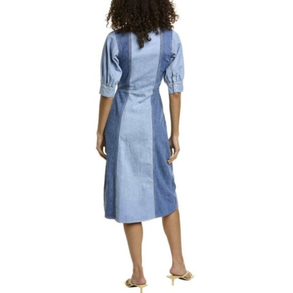 GANNI Cutline Bleach Two-Tone Blue Denim Organic Cotton Midi Dress EU 38 US6 - Picture 2 of 16